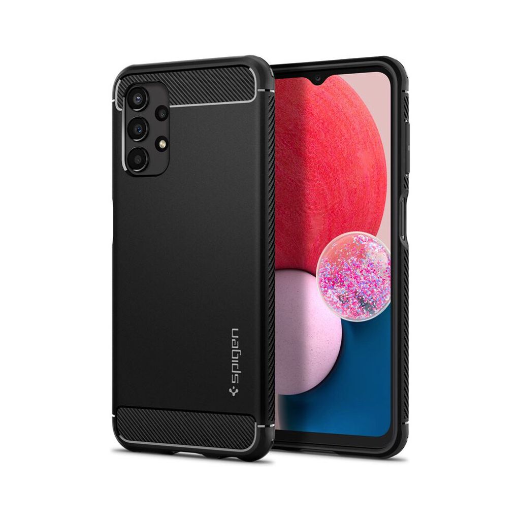 A black phone case is shown next to a smartphone.