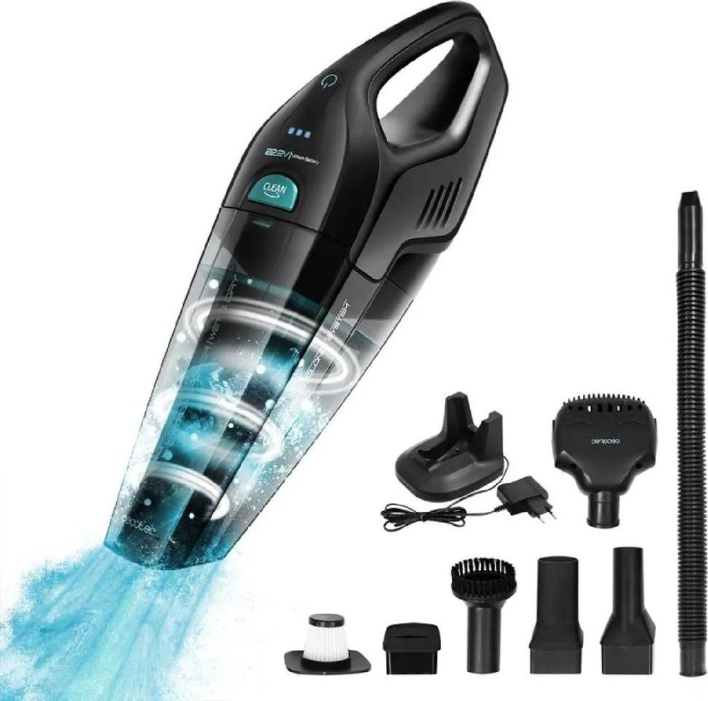 A black handheld vacuum cleaner with various attachments and a charging dock, displayed against a white background.
