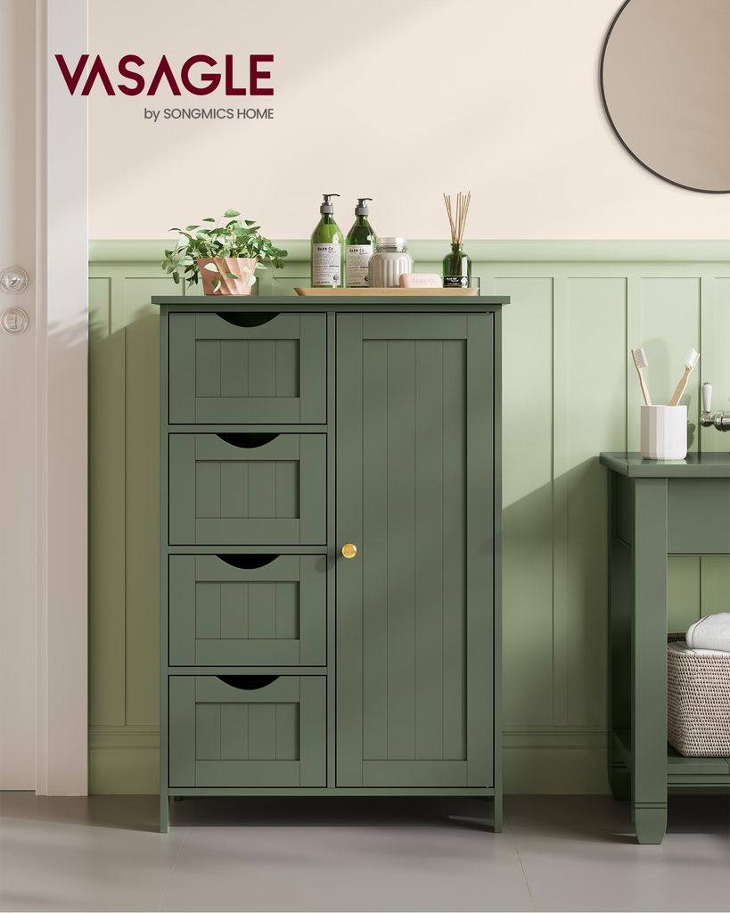 A green storage cabinet with four drawers and a cabinet door, placed in a bathroom setting with decorative items on top.