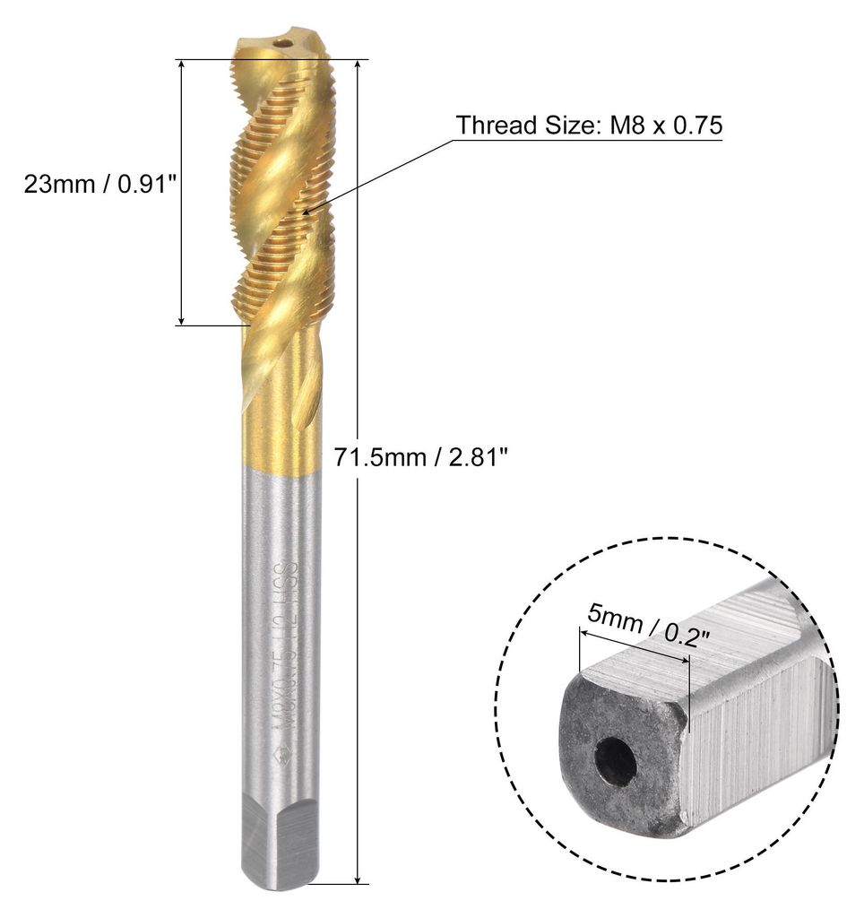 Gewindebohrer mit Spiralnut M8 x 0.75 Schnellarbeitsstahl Titanbeschichteter Maschinengewindebohrer 3 Schneidiges Gewindeschneidwerkzeug H2 Toleranz