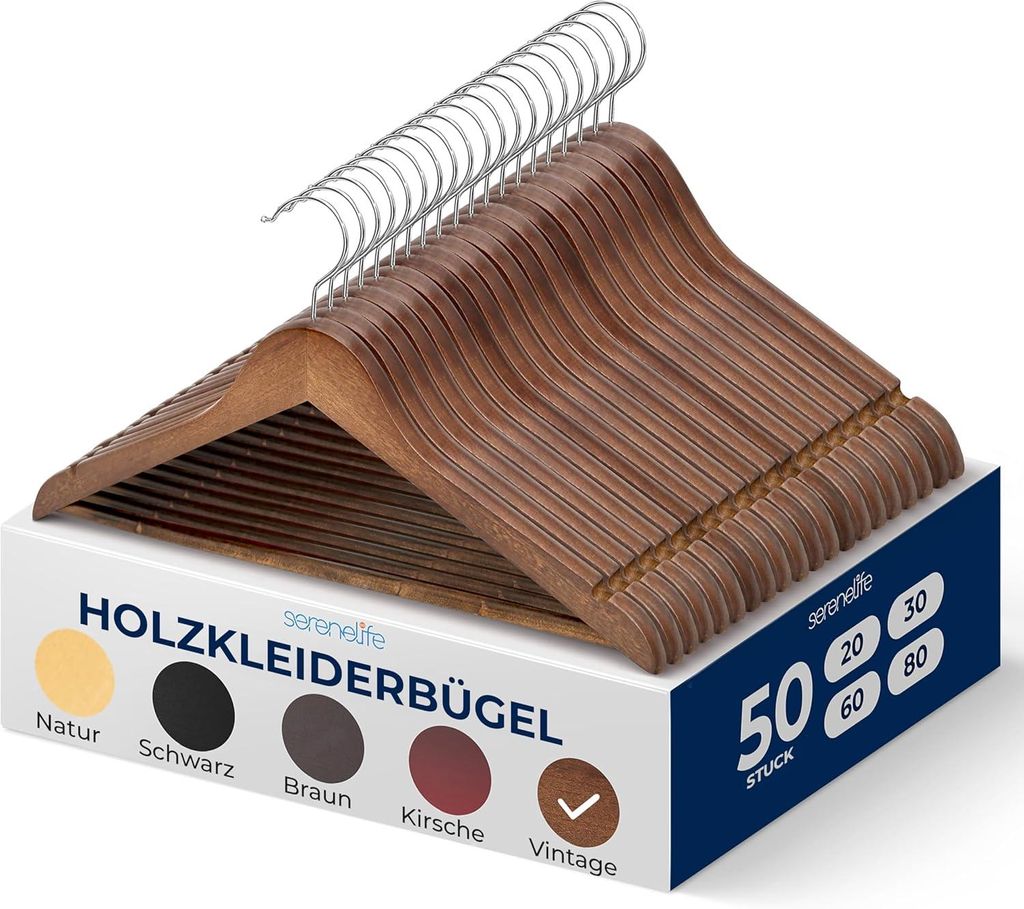 SereneLife 50 Stück- - Kleiderbügel Holz, Robuste & rutschfeste- Holzbügel, 1,2cm dick, 360° drehbarer Haken, Einkerbungen im Schulterbereich