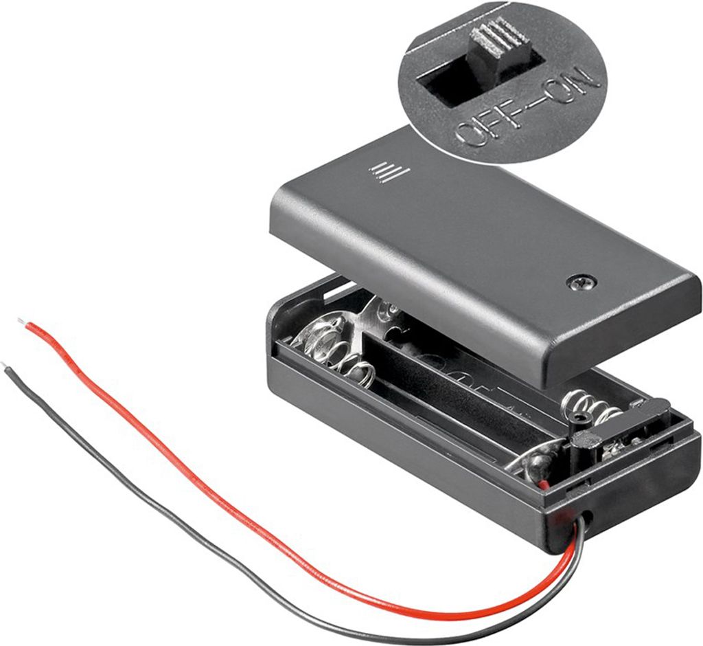 A battery holder with a lid open, showing the internal compartments for batteries. A close-up inset shows the on/off switch. Red and black wires extend from the holder.