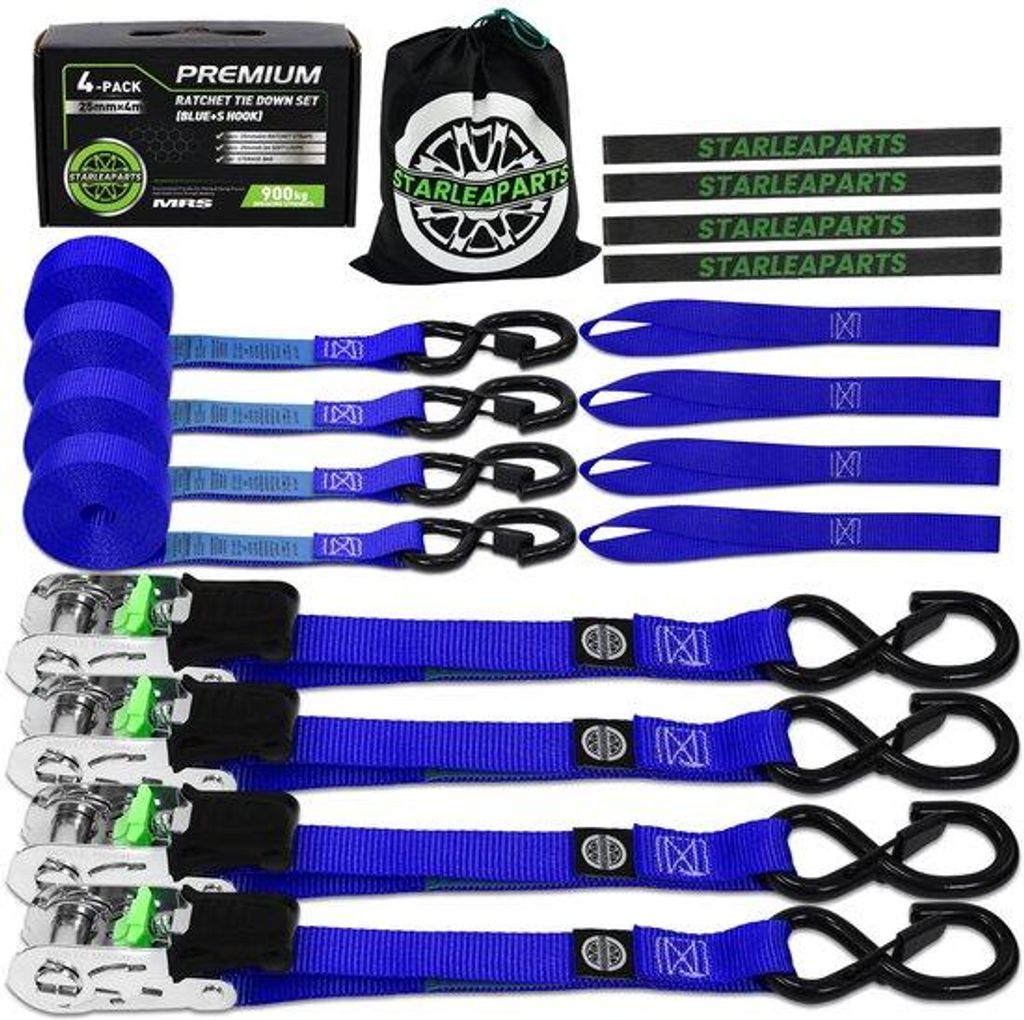 Ratelspanbanden 4-pack 900 kg BHK 25 mm x 4 m blauw für Motorräder Transportgerät Lastwagen