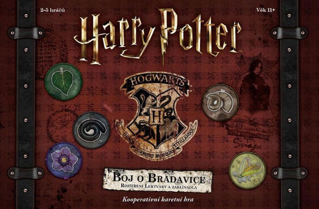 The image shows the box art for a Harry Potter board game, featuring the Hogwarts crest, various potion ingredients, and a silhouette of Snape.