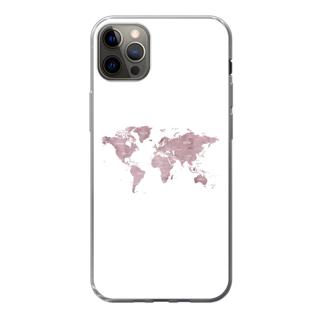 MuchoWow Handyhülle Schutzhülle Hülle für iPhone 13 Pro Max Weltkarte - Rosa - Weiß Silikon Softcase Handy Hülle - Mobiltelefon