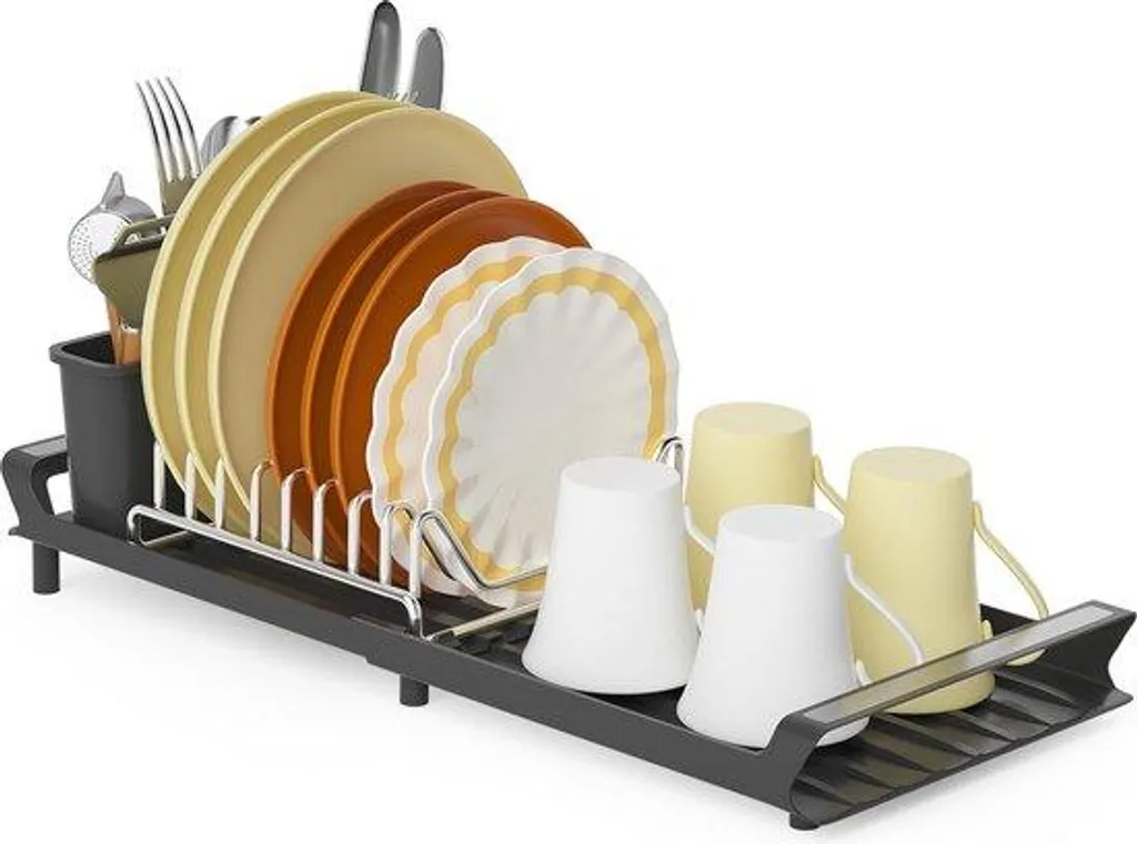 Étendoir à linge rabattable en inox et son égouttoir à couverts intégré