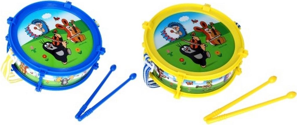Two toy drums with cartoon characters on them, one blue and one yellow, with drumsticks.