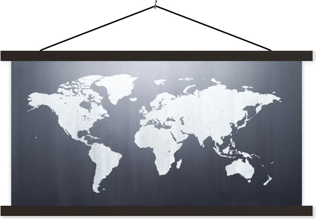 MuchoWow Textilposter Weltkarte - Einfach - Schwarz - Weiß 120x60 cm mit schwarzem Rahmen - Dekoration Schlafzimmer