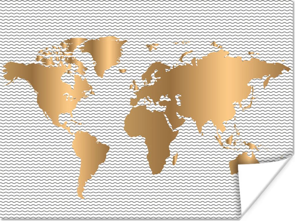MuchoWow Poster Weltkarte - Gold - Wellen 40x30 cm - Plakate für die Wände - Poster Wohnzimmer