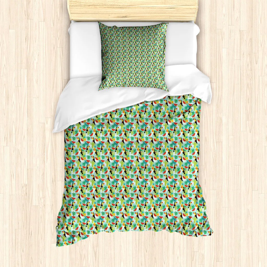 ABAKUHAUS Set copripiumino con stampa cactus per letti singoli, Summer Forest Birds, antiacaro, adatto a chi soffre di allergie, con federa, 135 cm x 200 cm - 80 x 80 cm, verde multicolore