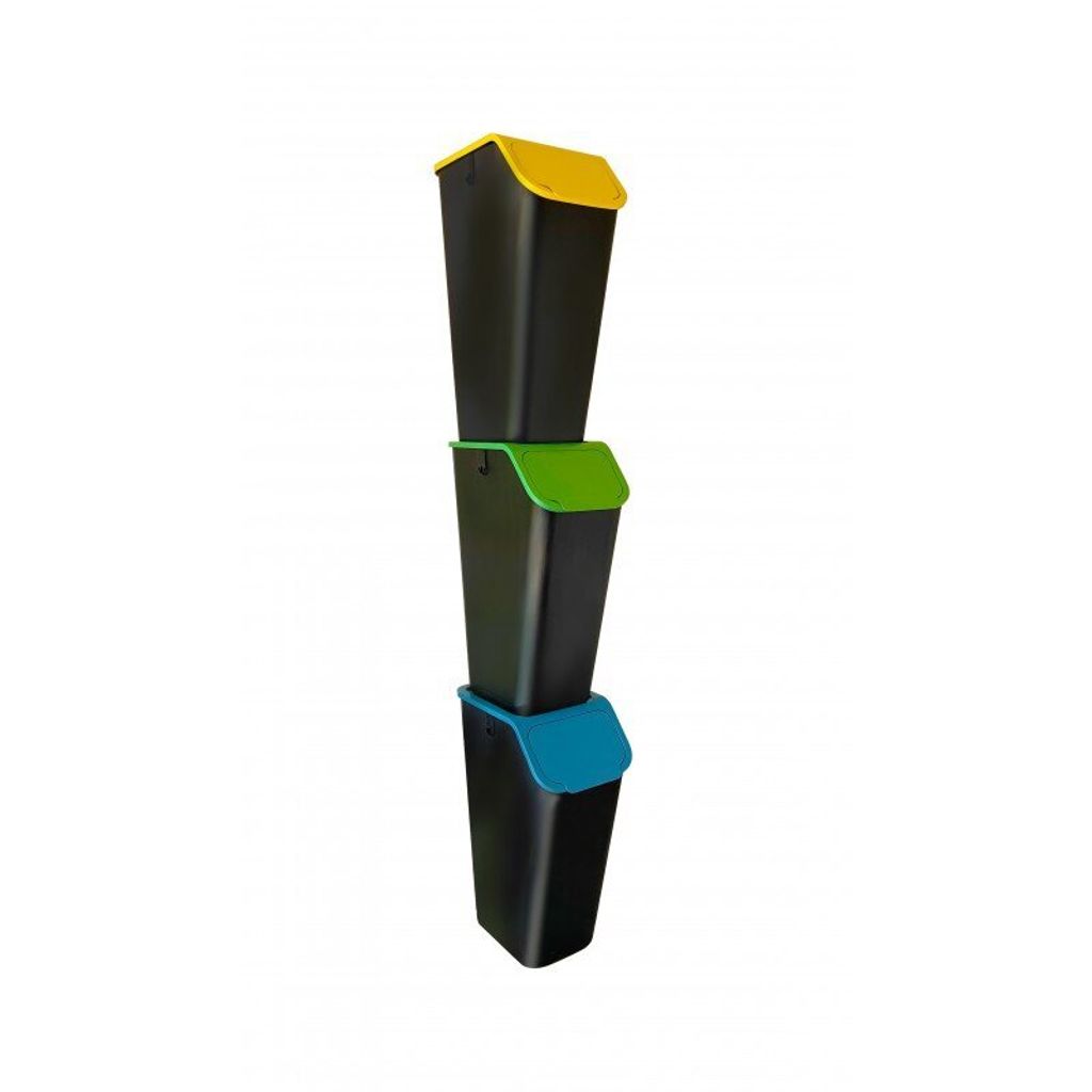 Three stacked trash cans with different colored lids.