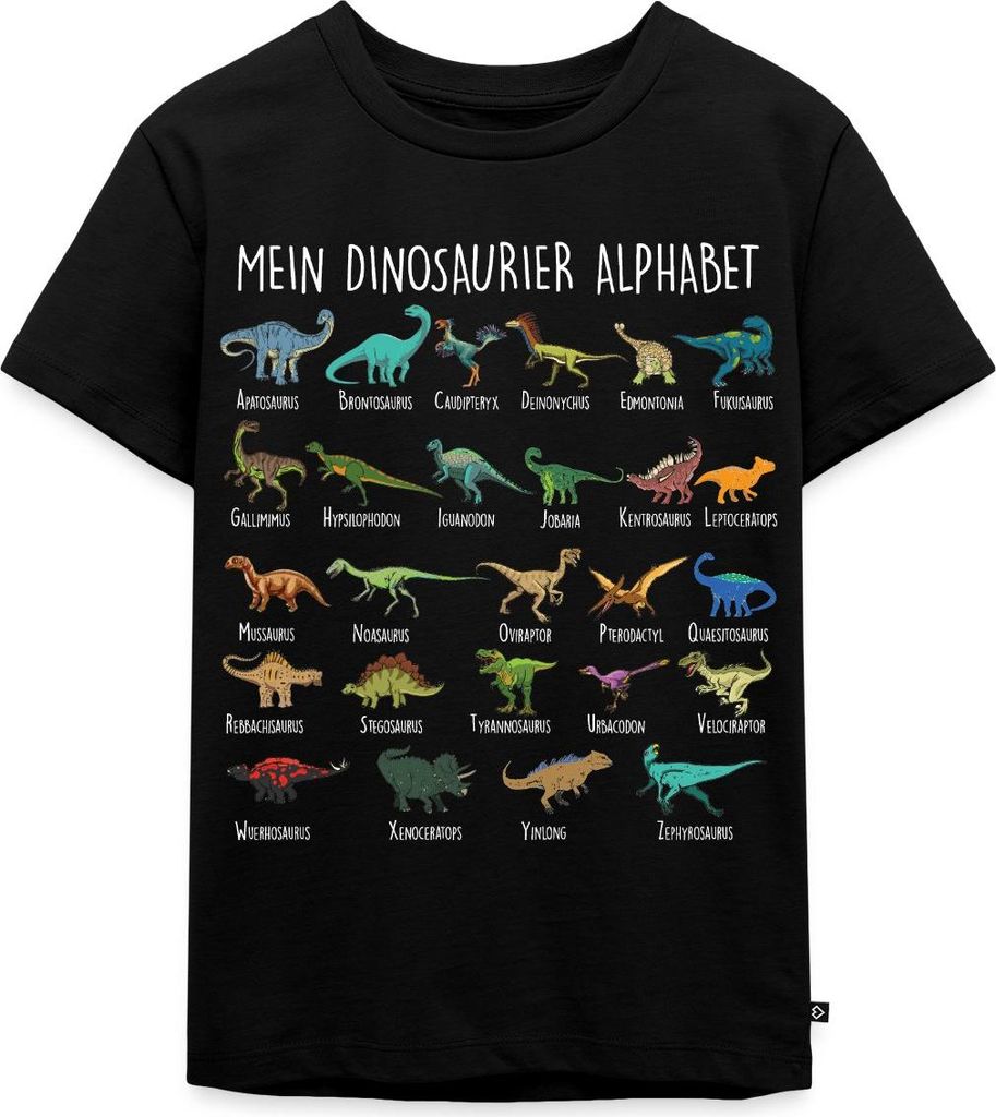 Spreadshirt Dinosaurier Alphabet Einschulung Kinder Premium T-Shirt, 134/140 (8 Jahre), Schwarz