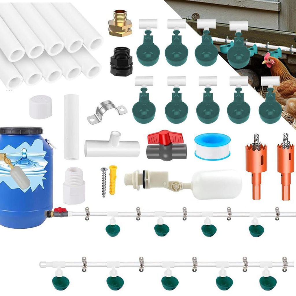 Komplettset mit Automatische Hühnertränke Geflügeltränke PVC-Rohr, Gartenschlauch mit 9 Trinkbechern und 10 Wasserrohren