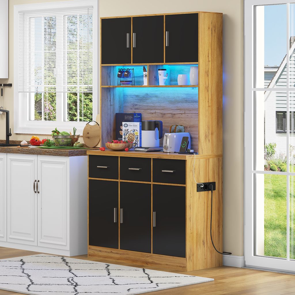 A kitchen buffet cabinet with built-in LED lighting.