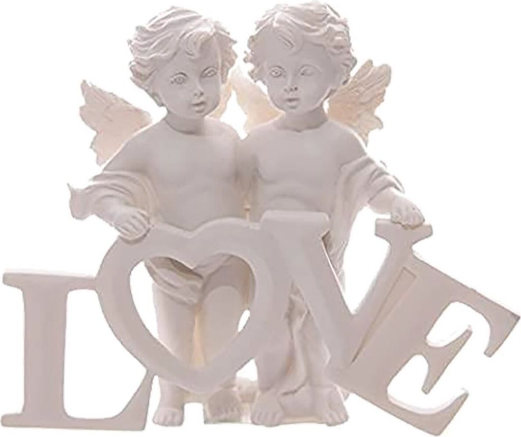Zwei Engelchen halten LOVE Schriftzug fest
