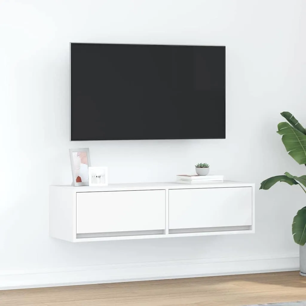 Meuble TV en Bois Composite Blanc 100 cm avec Grands Tiroirs Pratiques