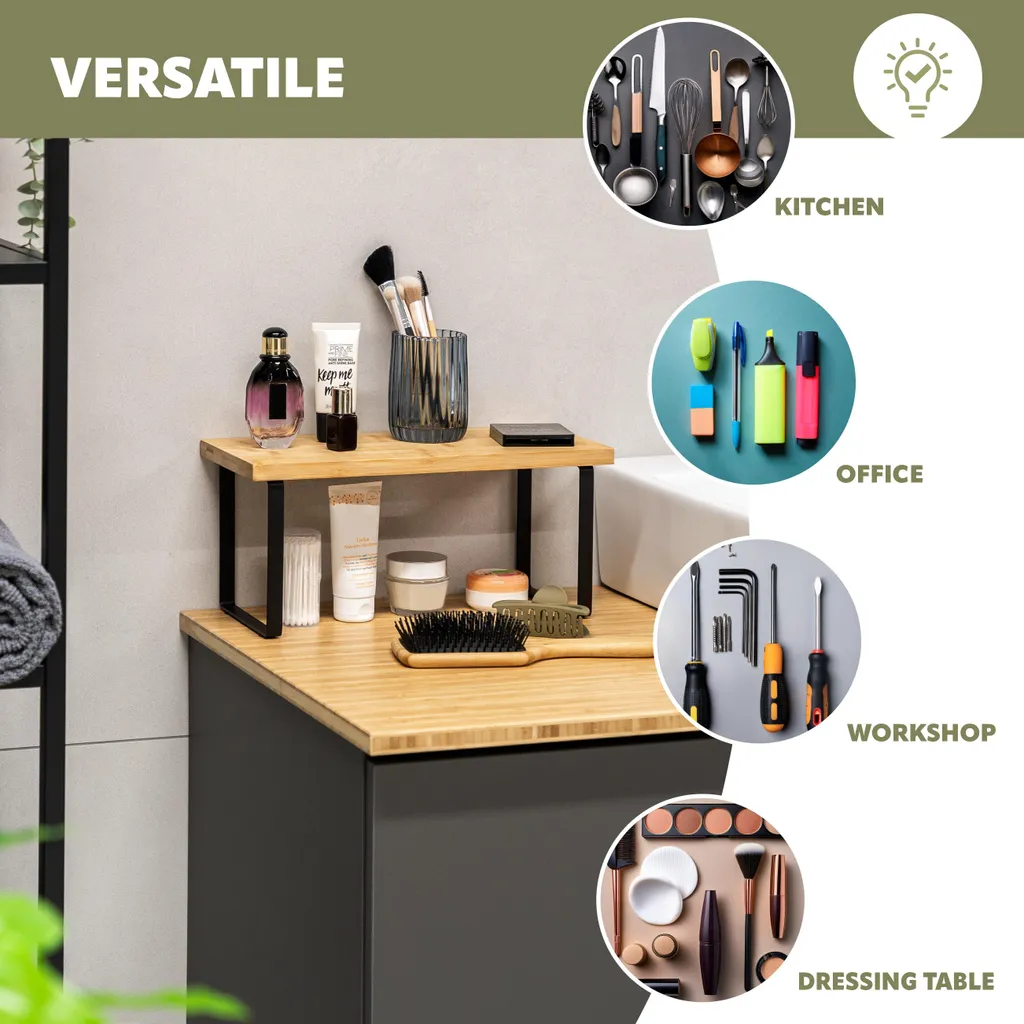 LIANTRAL Set 2 Organizer Cucina Impilabili E Espandibili | Scaffali In Bambù E Metallo | Larghezza 39,6 Cm | Nero E Naturale
