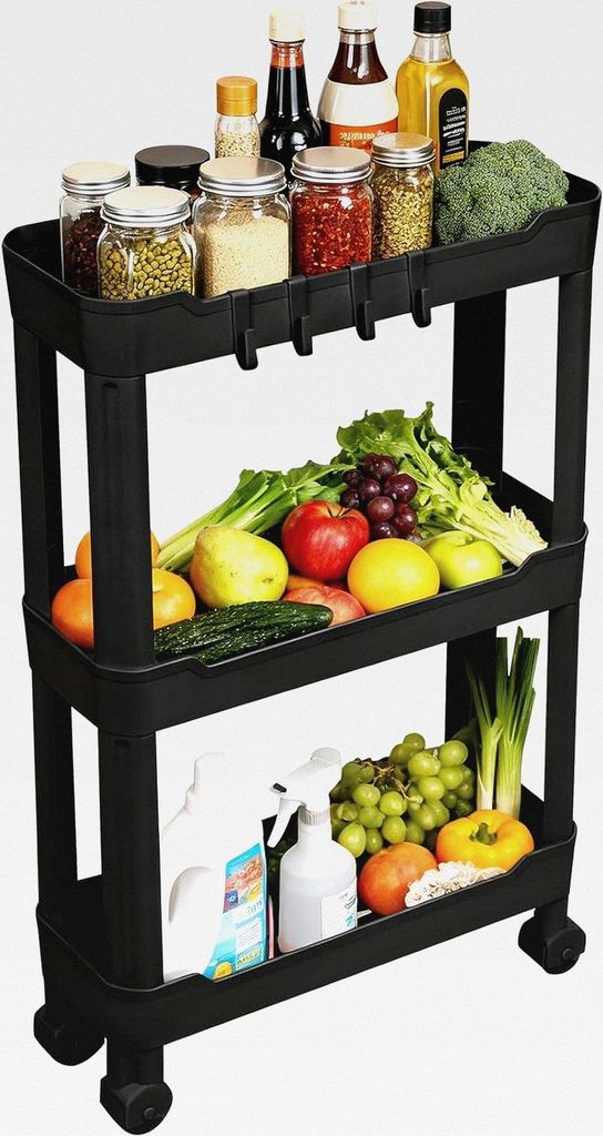 Rollwagen 3 Ebenen, Küchenwagen schmal, Küchenregal auf Rollen, Nischenregal mit 8 Haken, Servierwagen Kunststoff für Bad, Küche, Büro, Schwarz