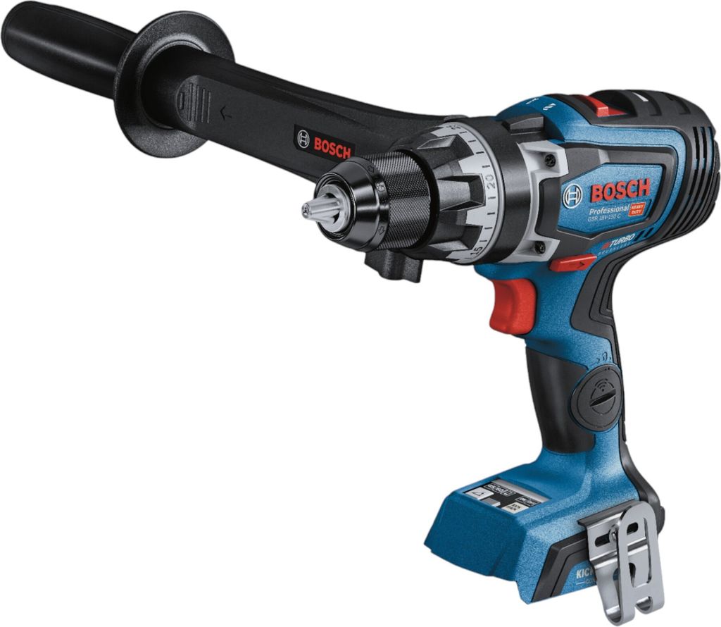 A Bosch cordless drill with an auxiliary handle is shown against a white background.