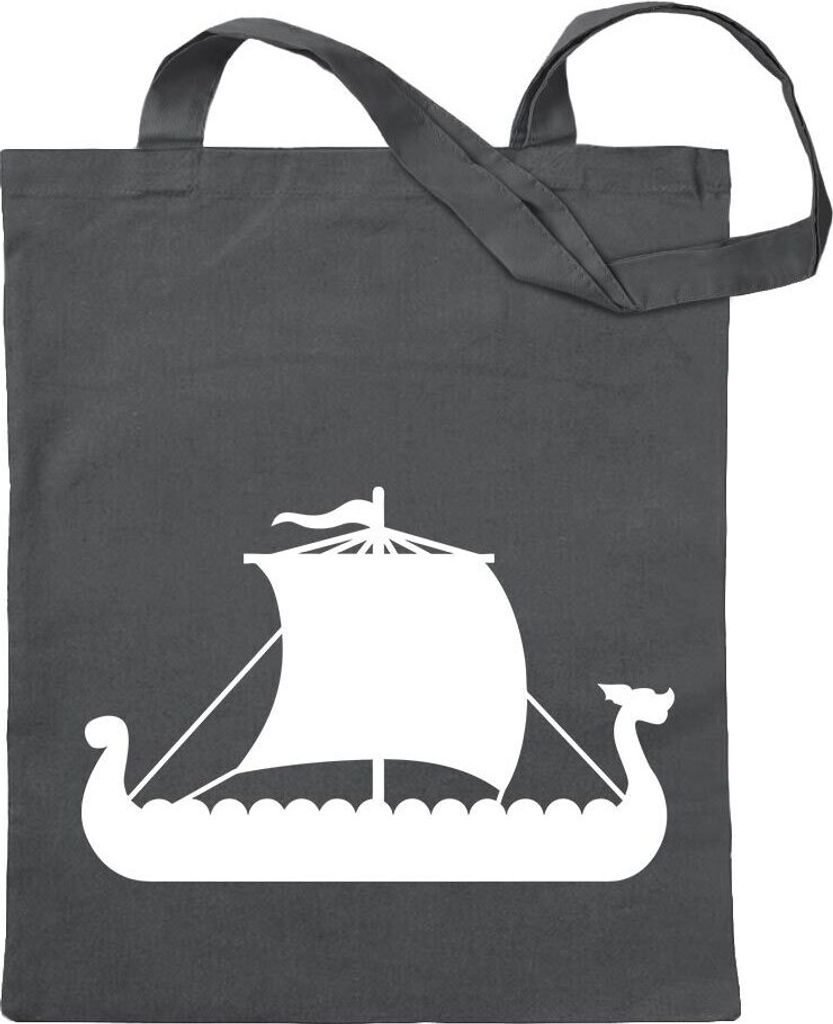 Kiwistar - Baumwolltasche - stahlgrau - Wikinger Schiff Drachenboot - Tragetasche Stoffbeutel Umhängetasche Langer Henkel