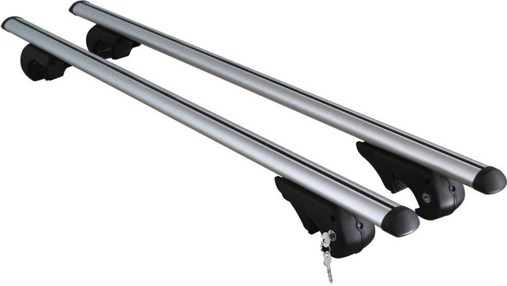 Two silver roof racks with black mounting brackets and keys, isolated on a white background.