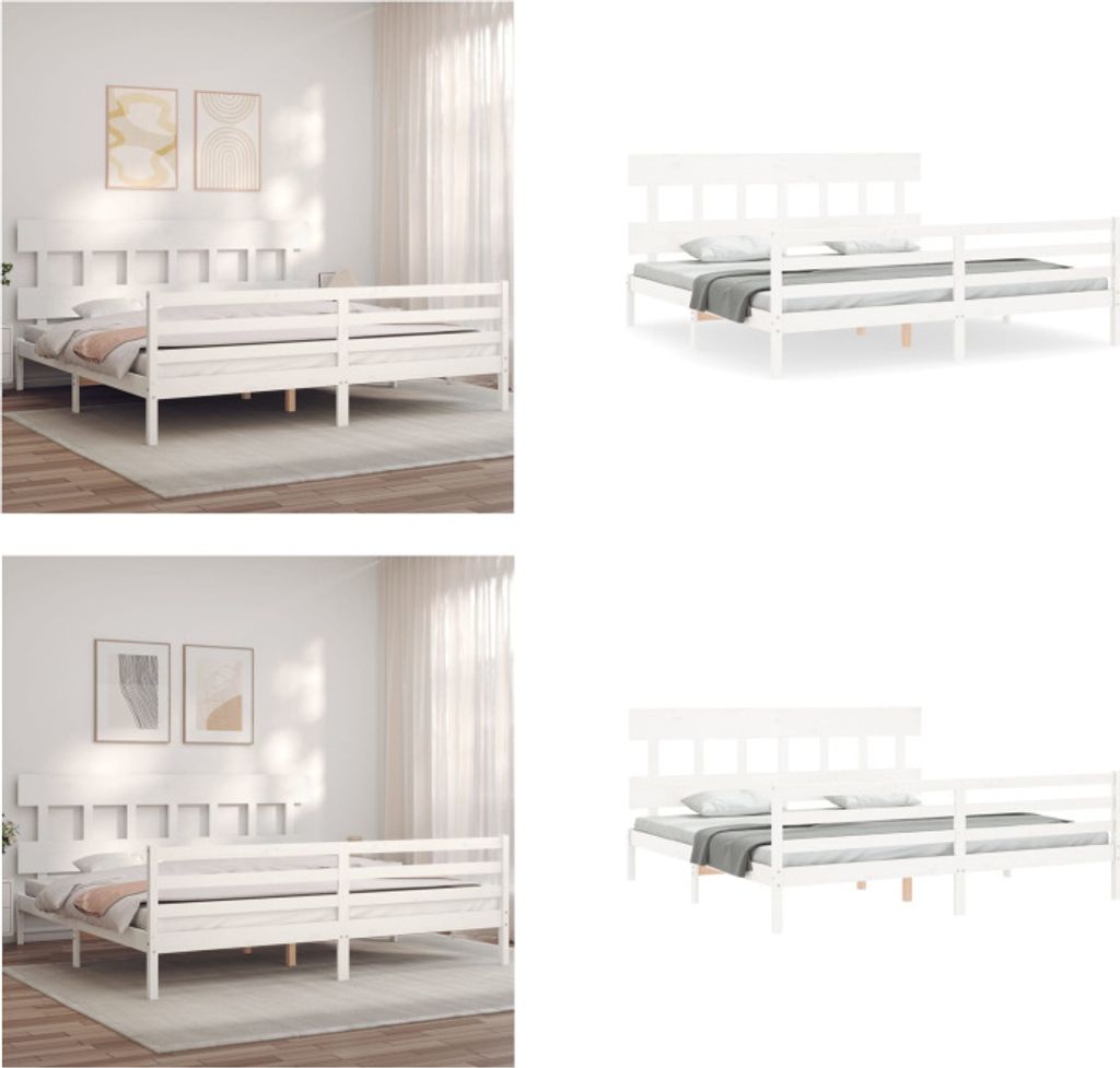 vidaXL Massivholzbett mit Kopfteil Weiß 200x200 cm - Bettrahmen - Bettgestell - Bett - Doppelbett