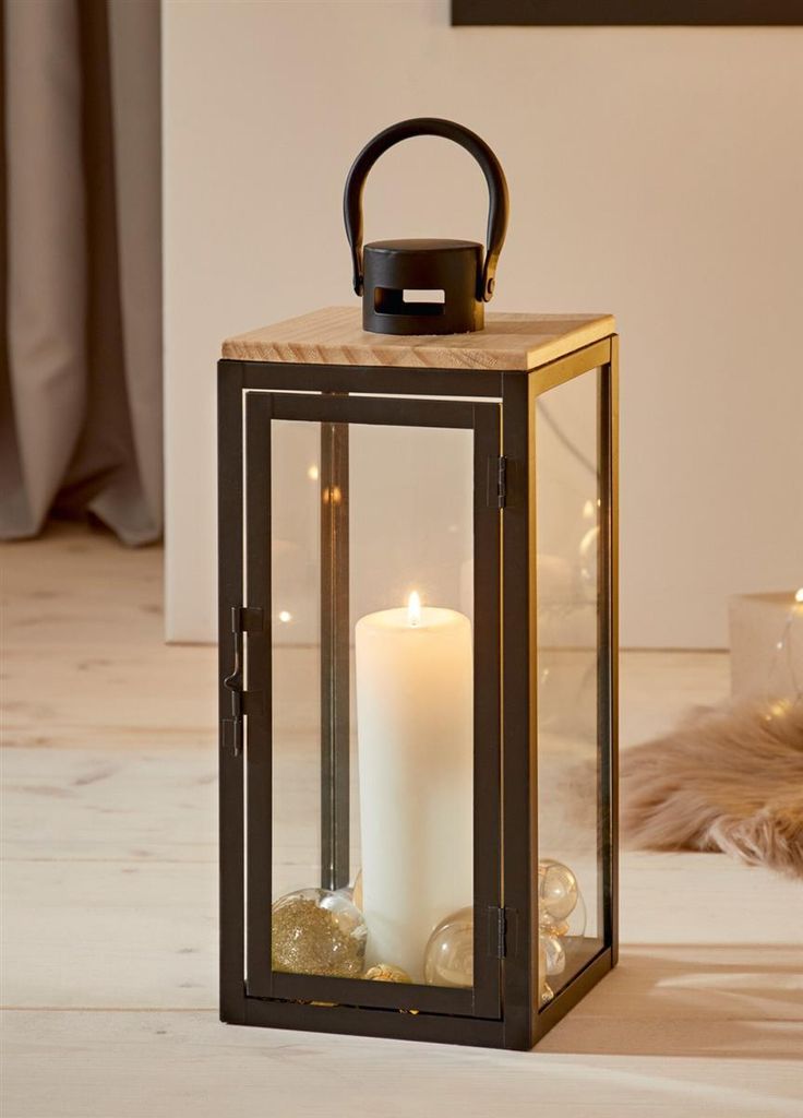 Laterne "Modern" aus Metall, Holz & Glas, 38 cm hoch, Produktbild 