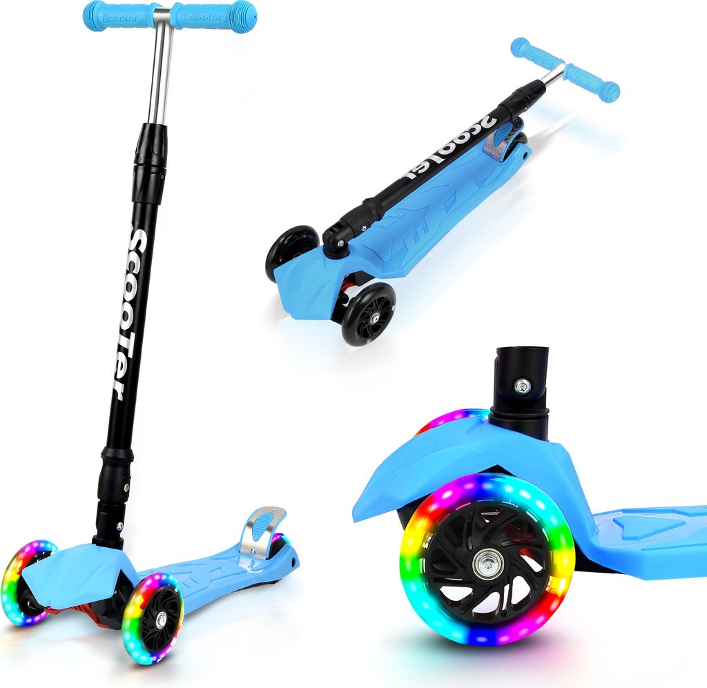 TolleTour Kinderroller Faltbar Tretroller Cityroller LED Räder Kickscooter Dreiradscooter Höhenverstellbar Blau