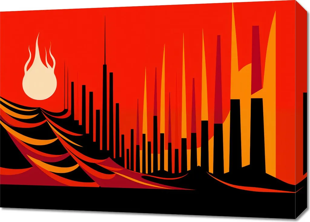 Image Ville Flamme Sanglante 70x50 - Couleurs Vives et Design Industriel