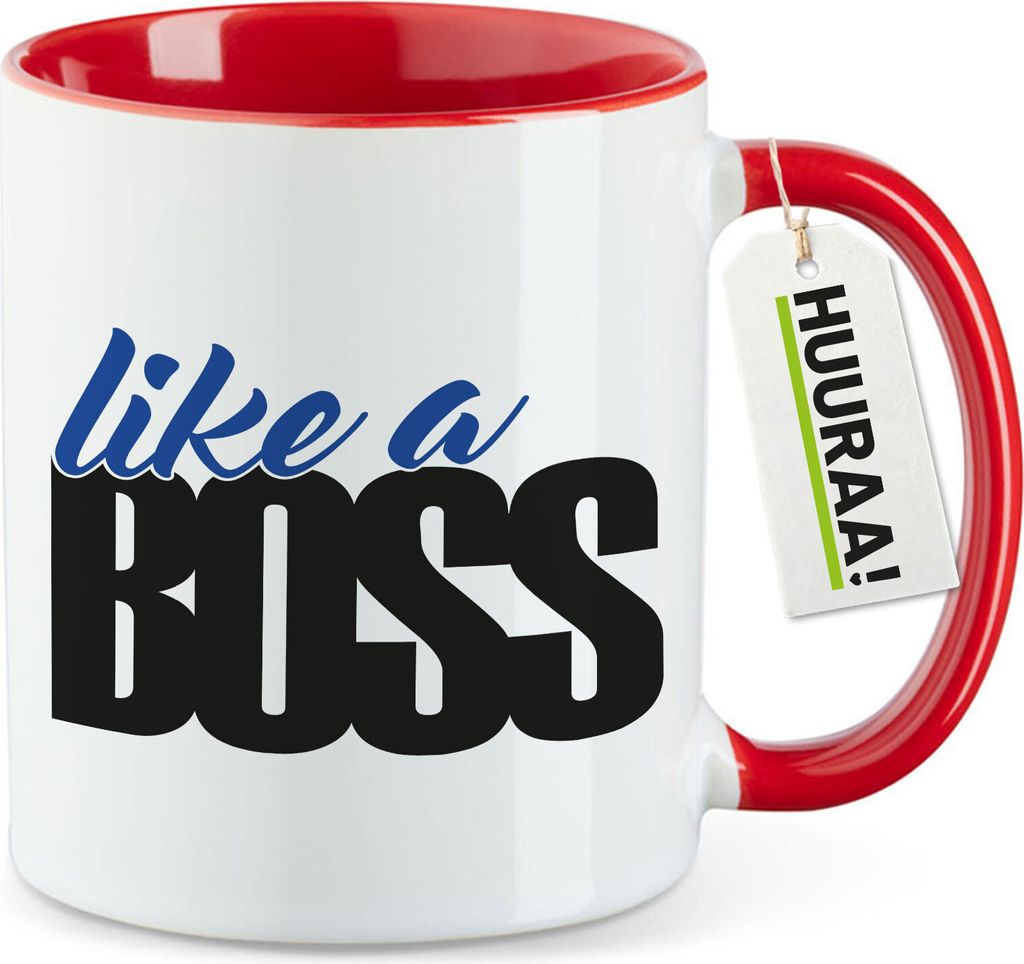 Huuraa Kaffeetasse like a Boss Spruch 330ml Rot Keramik Kaffeebecher Geschenkidee