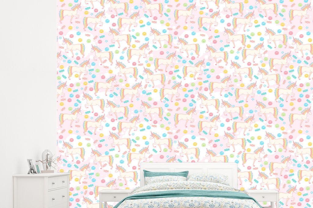 MuchoWow Fototapete für Wohnzimmer oder Schlafzimmer Wandtapete Vinyl Motivtapete Einhorn - Bonbon - Regenbogen - 245x220 cm - Gemustert