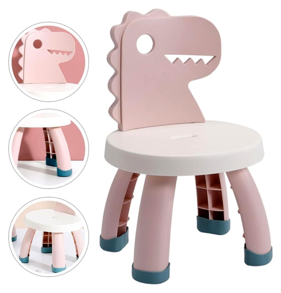 Kinderstuhl aus Kunststoff mit Cartoon-Dinosaurier Rückenlehne und Anti-Fall-Funktion, rutschfest und langlebig, rosa