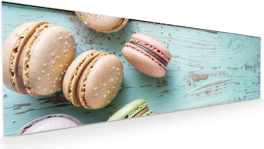 Glasbild 120x40cm in XXL für Wohnzimmer, Schlafzimmer Motiv Macarons auf Holz