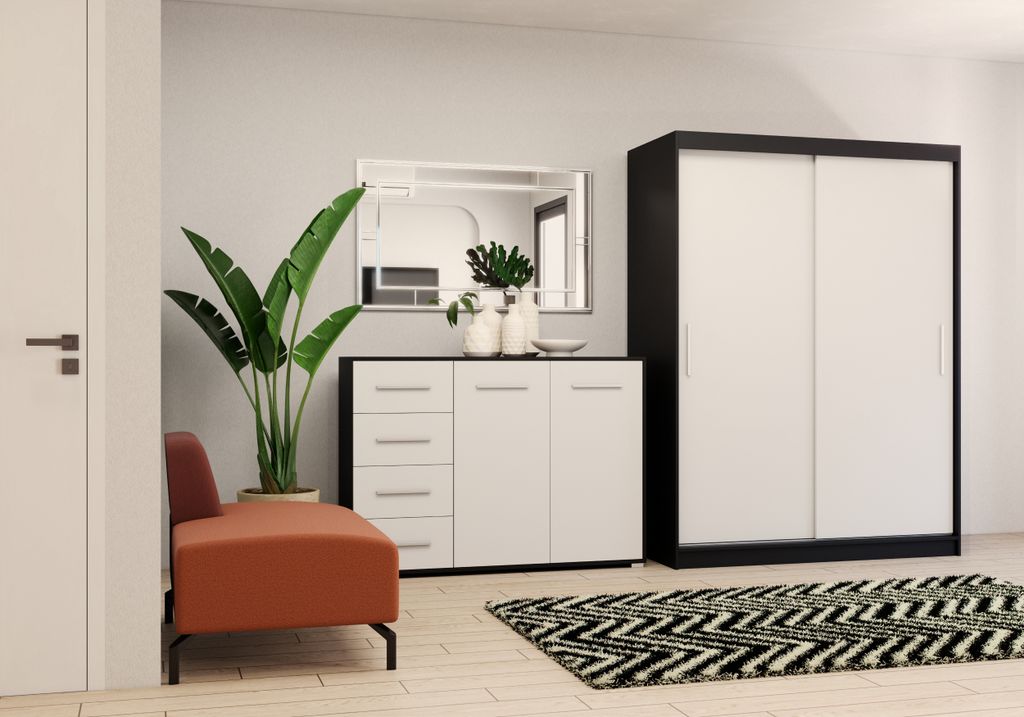 2er-Set Schwebetürenschrank Schrank Kleiderschrank ohne Spiegel Schwarz/Weiß 150cm Vista 04 mit Kommode 135cm FRIDA 01 und Led Beleuchtung