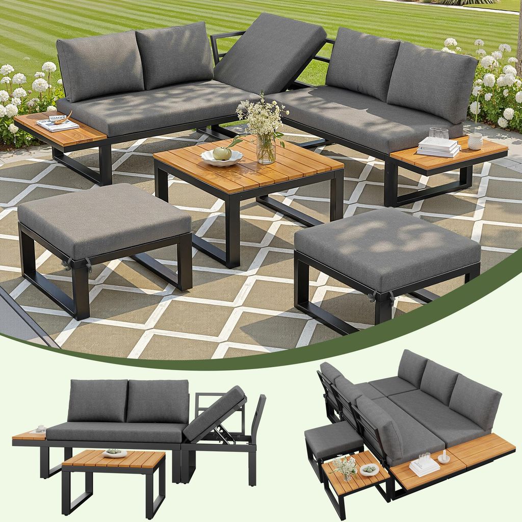 6-teiliges Gartenlounge-Set – Ecksofa mit verstellbarer Rückenlehne, Couchtisch & Hockern, wetterfestes Stahlgestell, Sitzkissen, für Balkon & ...