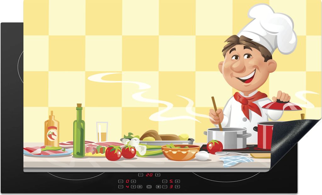 KitchenYeah Herdabdeckplatte Eine Illustration eines Kochs in der Küche , 91x52cm, Küche Deko, Glaskeramikfeld Herdabdeckung, Abdeckplatte fùr...