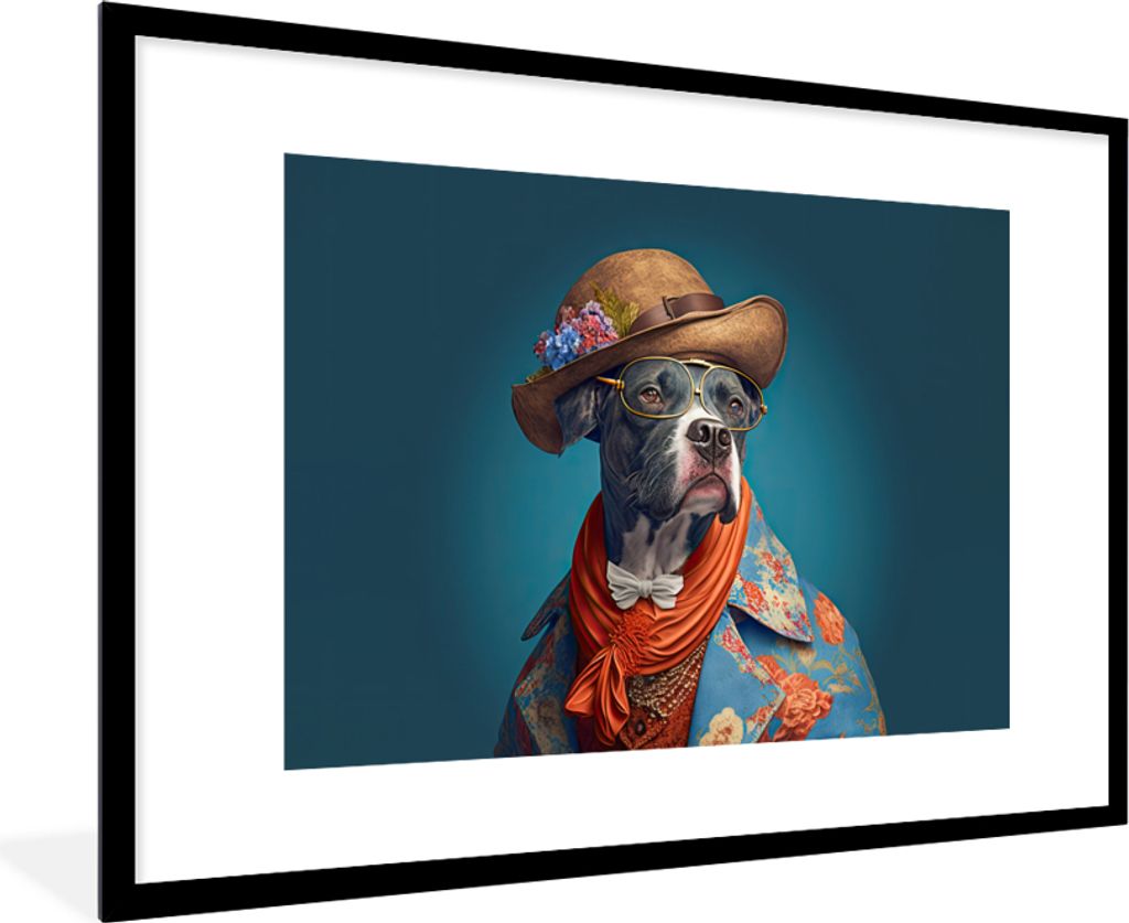 MuchoWow Gerahmtes Poster Hund - Jacke - Blumen - Hut - Blau 90x60 cm - Poster mit Schwarzem Bilderrahmen Wandposter Rahmen Foto Bilder - Wanddek...
