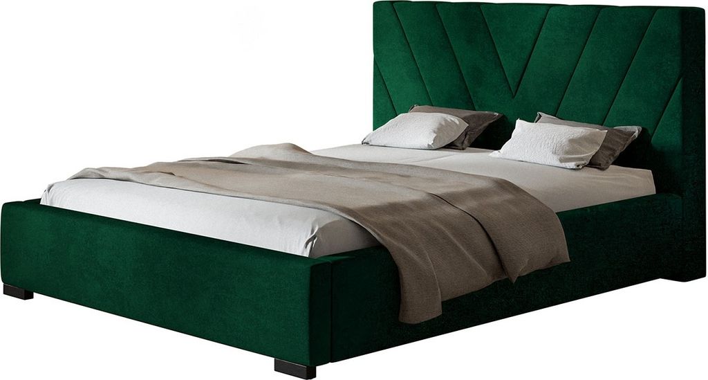 Polsterbett PALERMO mit Kopfteil, 120x200 cm, Doppelbett mit Bettkasten und Lattenrost aus Metal, Velourstoff Grün