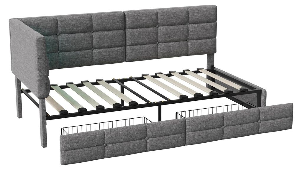 Polsterbett - Einzelbett - 90 x 200 cm - PolyurethanKunstleder - Mit 2 Schubladen - Holzrahmen - Ohne Matratze - Grau