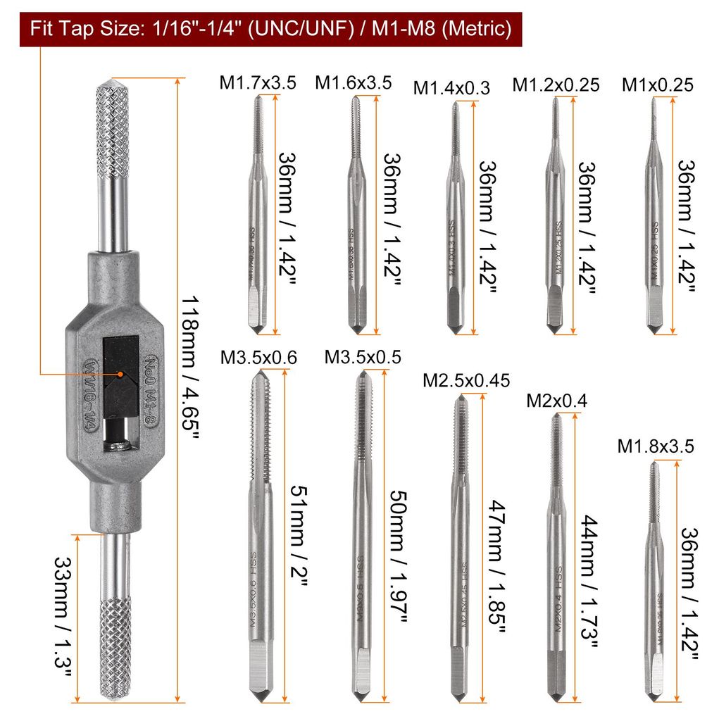 11-teiliges Mikro-Gewindeschneidwerkzeug-Set, 10 Stš¹ck M1-M3,5 Mini-Gewindeschneider + 1 Stš¹ck M1-M8 / 1/16"-1/4"