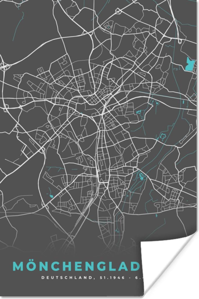 MuchoWow Poster Blau - Deutschland - Karte - Stadtplan - Mönchengladbach 60x90 cm - Wanddekoration