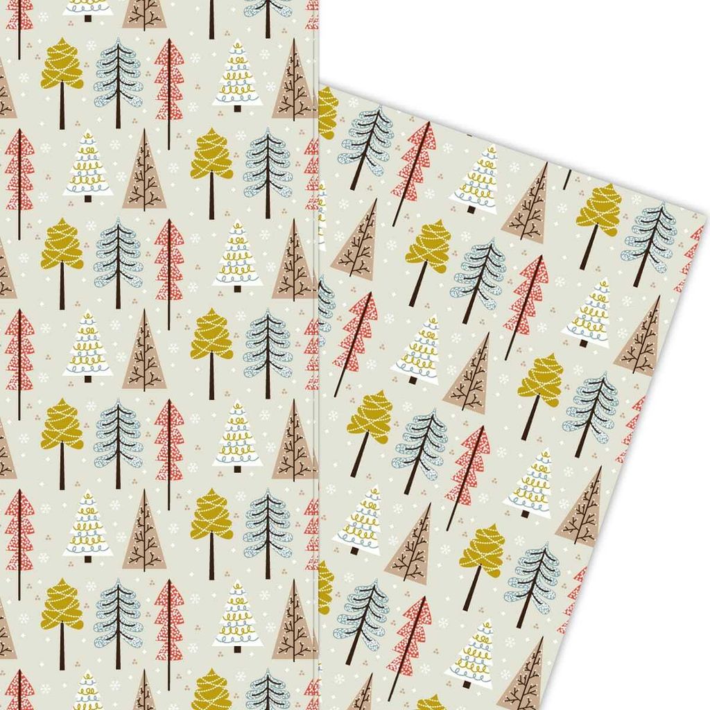 Schönes handgemaltes Retro Weihnachts Geschenkpapier mit Bäumen auf creme - G5970, 32 x 48cm