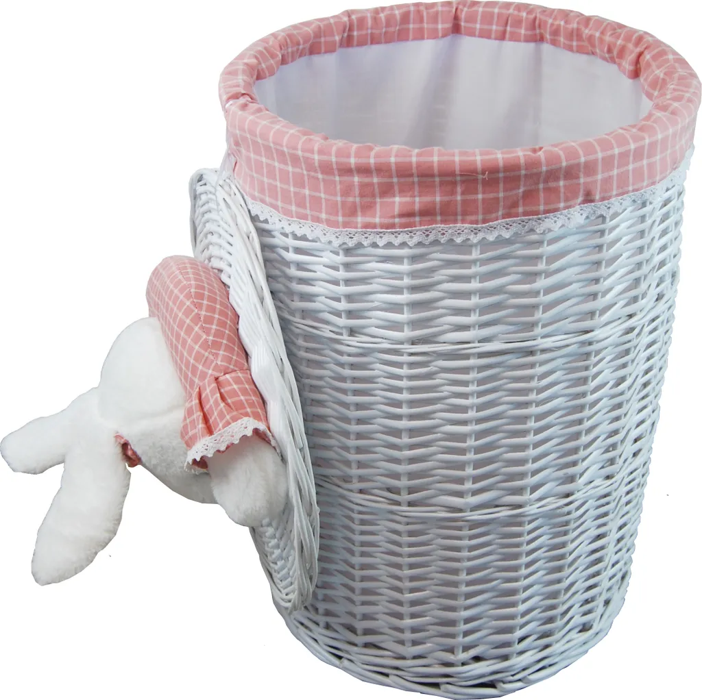 Panier à linge rond osier blanc 48cm et couvercle décoratif lapin rose