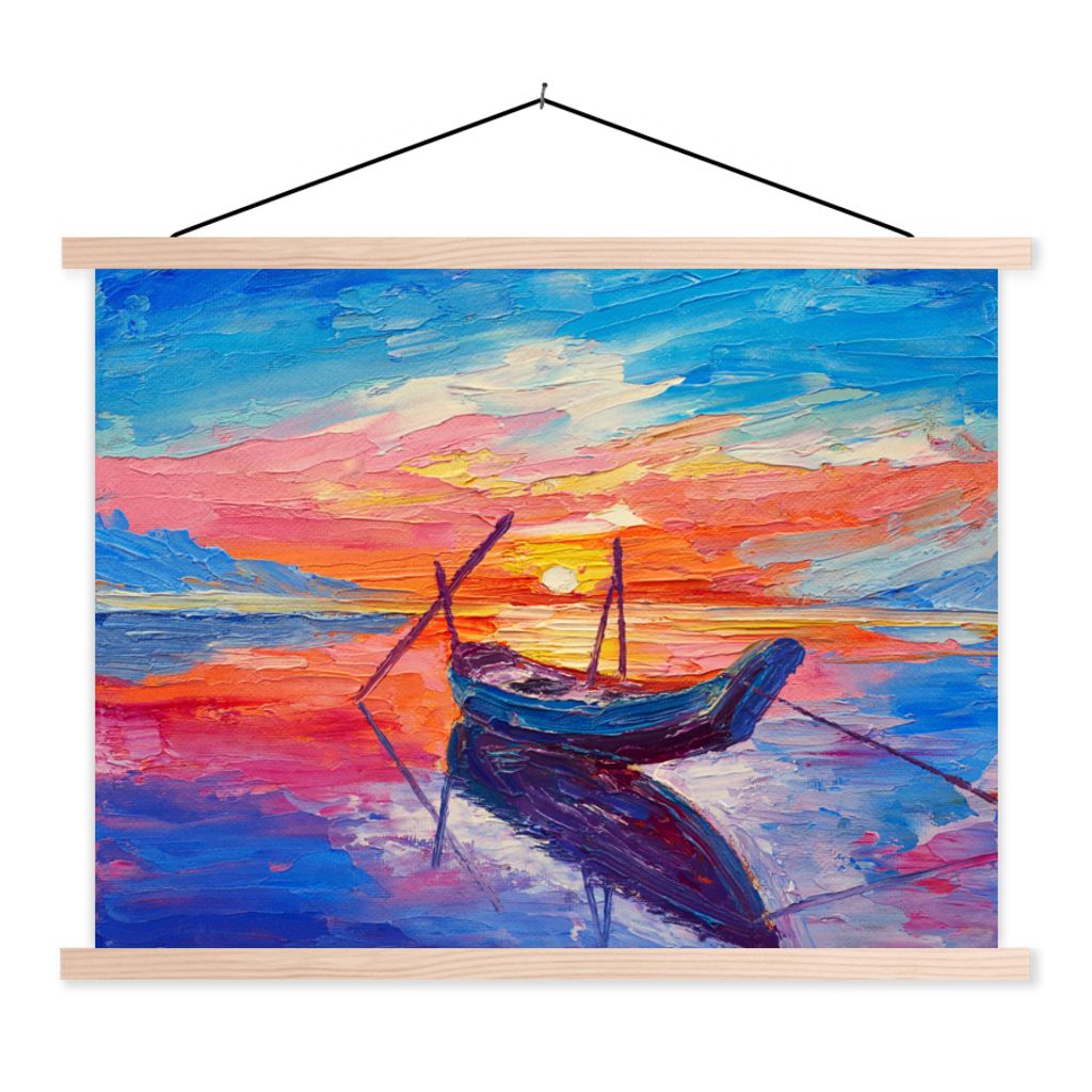 MuchoWow Textilposter Malerei - Boot - Ölfarbe - Wasser 120x90 cm mit holzfarbenen Rahmen - Magnetisch