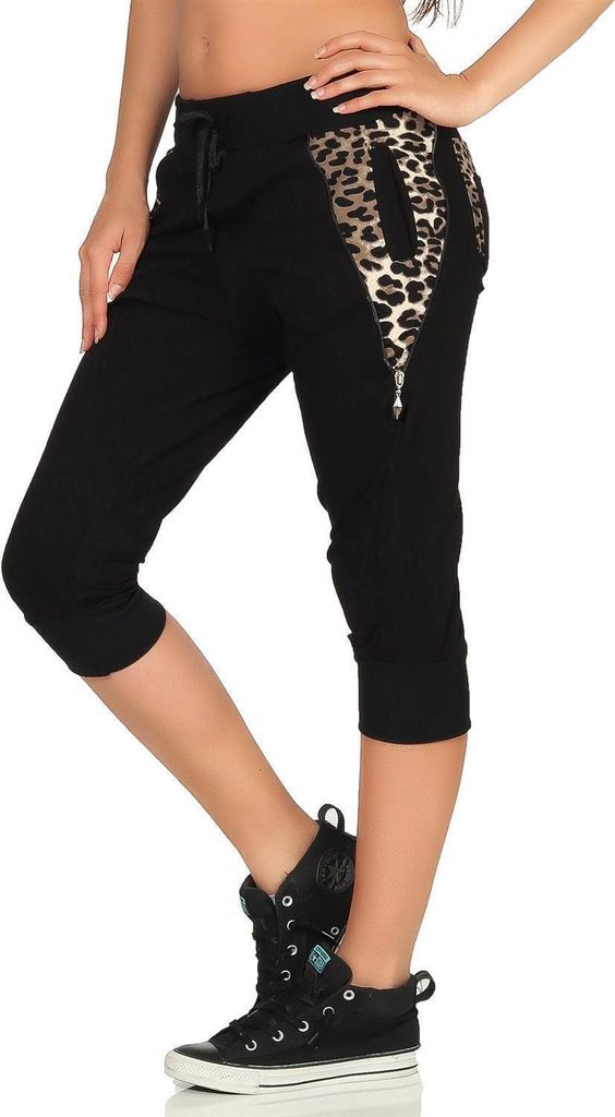 Damen Aladin Jogginhose 3/4 Capri Sport-Hose Baumwolle ; Schwarz-Leo1 S/36