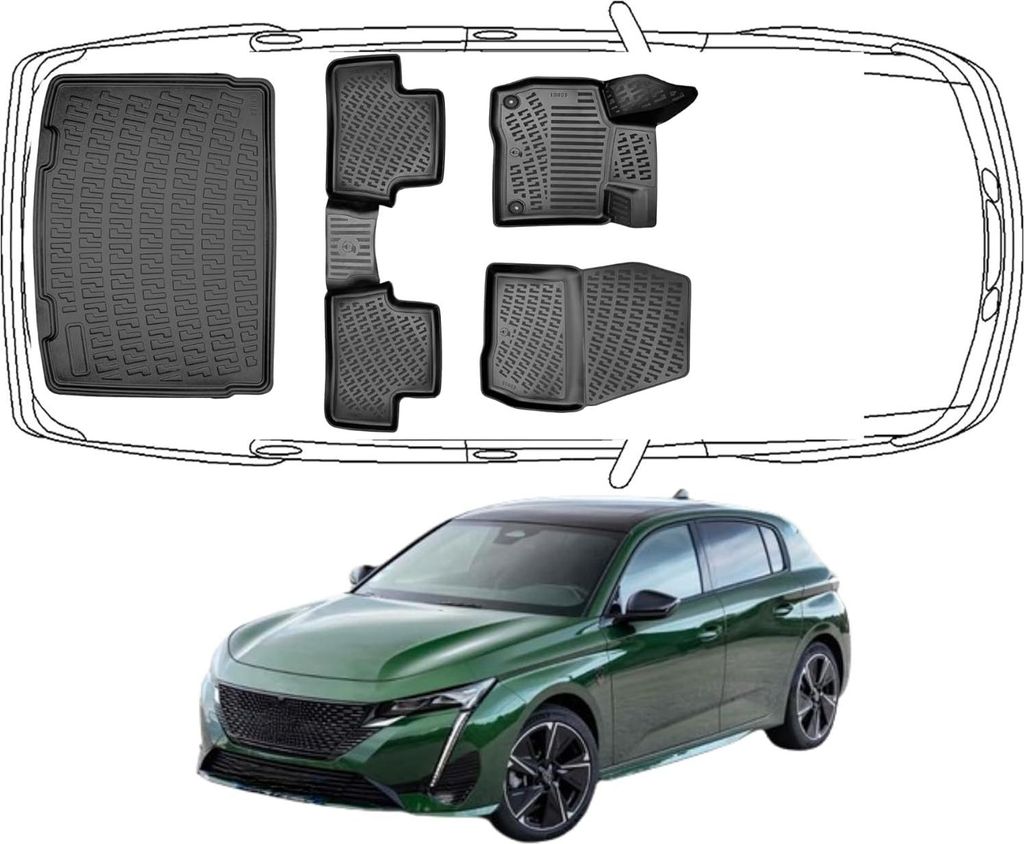 3D Fußmatten & Kofferraumwanne Auto Set Kompatibel mit Peugeot e-308 ab 2023