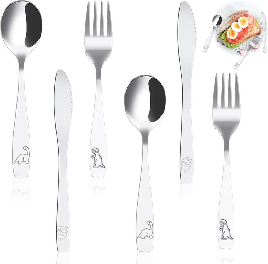 Besteckset für Kinder und Kleinkinder, 6-teilig, kindersicheres Besteckset, Kleinkindergeschirr aus Edelstahl, Kinderbesteckset beinhaltet 2 Gabel...