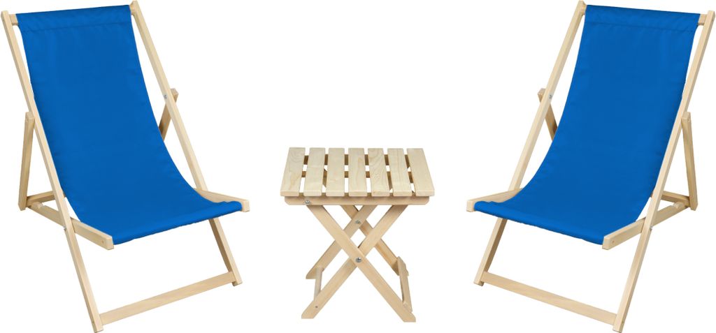 2 x Liegestuhl + Beistelltisch Strandliege Holz Sonnenliege Gartenliege Gartentisch Blau