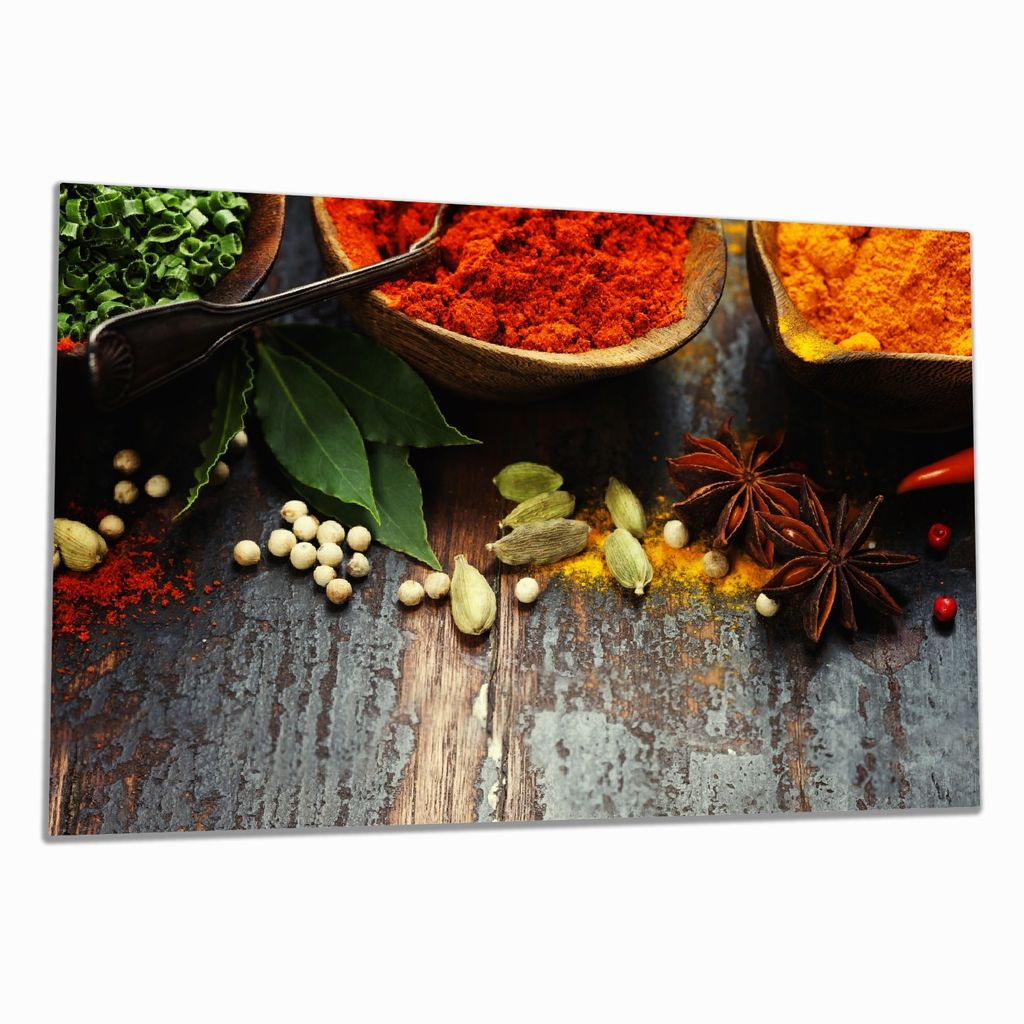 Wallario Herdabdeckplatte aus Glas, Größe 80 x 52 cm 1-teilig, Motiv Gewürze auf Holz - uriger Holztisch in der Küche