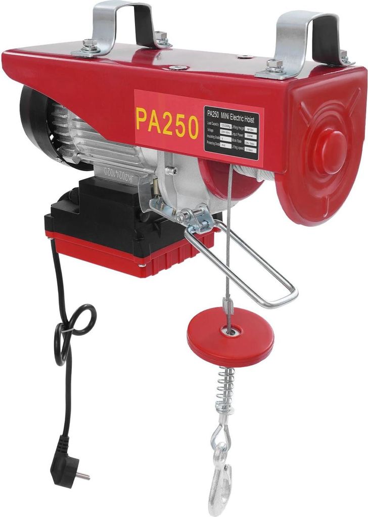 Elektrische Seilwinde - Hebezeug - 550 W Motor - Funkfernbedienung - 12 m Stahlseil - 2 Hebeschlingen - Netzbetrieb AC - Rot
